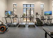Thumbnail 15 of 32 - A gym with treadmills, elliptical machines, and a flat screen TV.