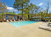 Thumbnail 18 of 20 - A swimming pool surrounded by trees and chairs.