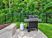 Thumbnail 13 of 21 - A Charbroil gas grill is set up on a concrete slab in a backyard.
