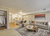 Thumbnail 2 of 13 - A living room with a grey couch, a coffee table, and a grey rug.