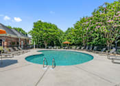 Thumbnail 29 of 46 - A large swimming pool surrounded by lounge chairs and trees.