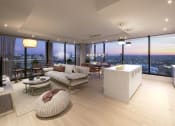 Thumbnail 5 of 59 - a living room with a kitchen and a view of the city