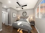 Thumbnail 13 of 26 - Bedroom With Fan, Large Window, and Hard Wood Flooring at Moenave Townhomes in Springdale, Utah
