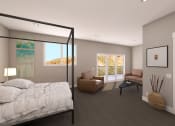 Thumbnail 9 of 26 - Spacious Bedroom With Carpeted Flooring, Large Windows, Glass Slide Door with Furnishing at Moenave Townhomes in Springdale, Utah