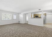 Thumbnail 9 of 19 - A spacious living room with a carpeted floor and a kitchenette in the background.