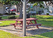 Thumbnail 7 of 14 - A picnic table is under a canopy in a park.