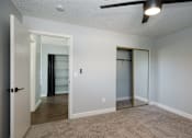 Thumbnail 4 of 15 - an empty living room with a closet and a ceiling fan