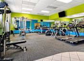 Thumbnail 5 of 22 - A gym with a variety of equipment including treadmills, weights, and exercise machines.