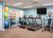 Thumbnail 12 of 23 - A gym with treadmills, elliptical machines, and exercise balls.