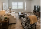 Thumbnail 34 of 56 - A living room with a couch, chair, and television.