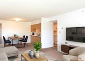 Thumbnail 1 of 11 - A living room with a grey couch, a coffee table, a television, and a dining table with chairs.