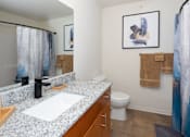 Thumbnail 9 of 13 - A bathroom with a toilet, sink, and shower curtain.
