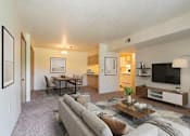Thumbnail 1 of 10 - A living room with a grey couch and a coffee table.