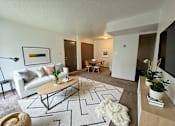 Thumbnail 6 of 7 - A living room with a white couch, a coffee table, and a rug.