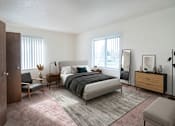 Thumbnail 5 of 11 - A bedroom with a bed, nightstand, chair, and window.