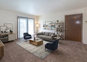 Thumbnail 2 of 11 - A living room with a blue chair and a grey sofa.