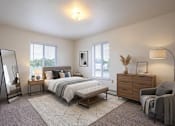 Thumbnail 10 of 11 - A bedroom with a large bed, a chair, and a dresser.