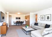 Thumbnail 7 of 14 - A living room with a white couch and a grey coffee table.