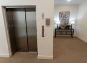 Thumbnail 28 of 35 - a hallway with two elevators and a table with a plant