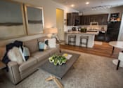 Thumbnail 27 of 32 - A modern living room with a grey couch and a coffee table.