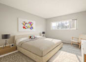 Thumbnail 8 of 47 - A bedroom with a large bed, a chair, and a painting on the wall.