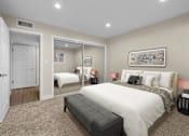 Thumbnail 37 of 69 - a bedroom with a bed and a mirror at Lombardi Apartments, Woodland Hills, CA, 91367