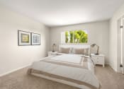 Thumbnail 6 of 41 - Apartments in West Hills, CA for Rent - Topanga - Bedroom with Carpeting, Full-Size Bed, and Night Stands.