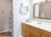 Thumbnail 91 of 94 - A bathroom with a white sink and a mirror above it.