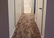 Thumbnail 30 of 33 - a hallway with closets and a carpeted floor and a ceiling light