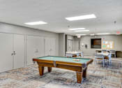 Thumbnail 13 of 30 - A pool table in a room with a carpeted floor and white walls at Independence Place Apartments, Parma Heights, OH 44130