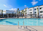 Thumbnail 5 of 12 - A swimming pool in front of a row of palm trees and a building.