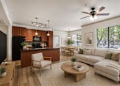 Thumbnail 7 of 27 - A modern living room with a white sofa and wooden furniture.