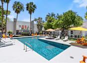 Thumbnail 20 of 42 - A swimming pool surrounded by palm trees and lounge chairs.