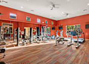 Thumbnail 15 of 25 - A gym with a variety of equipment including treadmills, weights, and exercise machines.