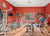 Thumbnail 16 of 25 - A gym with a variety of equipment including treadmills, weights, and exercise machines.