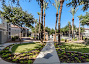 Thumbnail 10 of 23 - A pathway leads through a landscaped area with palm trees and shrubs.