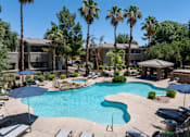 Thumbnail 1 of 19 - A swimming pool surrounded by palm trees and lounge chairs.