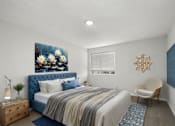 Thumbnail 7 of 26 - A bedroom with a blue headboard and a painting of flowers on the wall.