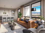 Thumbnail 23 of 28 - A modern living room with a large window overlooking a mountainous landscape.