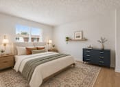 Thumbnail 9 of 25 - A bedroom with a bed, nightstand, and dresser.
