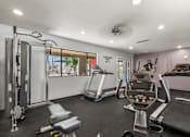 Thumbnail 12 of 17 - A gym with a treadmill, a stationary bike, and a weight machine.