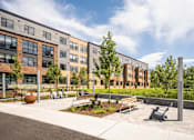 Thumbnail 16 of 23 - a courtyard with benches and trees in front of a building