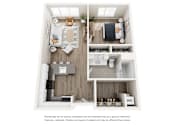 Thumbnail 5 of 33 - A floor plan of a small apartment with a kitchen, living room, and bedroom.