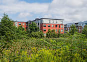 Thumbnail 32 of 42 - a grassy area with several apartment buildings in the background