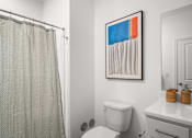 Thumbnail 5 of 30 - A bathroom with a toilet, a shower curtain, and a picture on the wall.