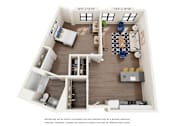 Thumbnail 30 of 32 - A floor plan of a two-bedroom apartment with a living room, kitchen, and bathroom.