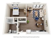 Thumbnail 27 of 32 - A floor plan of a small apartment with a bedroom, living room, kitchen, and bathroom.