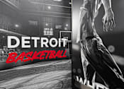 Thumbnail 80 of 151 - A black and white image of a basketball player in action with the words "Detroit Basketball" in the background.