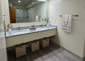 Thumbnail 6 of 26 - A bathroom with a vanity, mirror, and baskets.