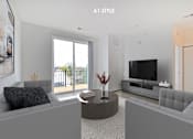Thumbnail 3 of 46 - A modern living room with grey furniture and a flat screen TV.
